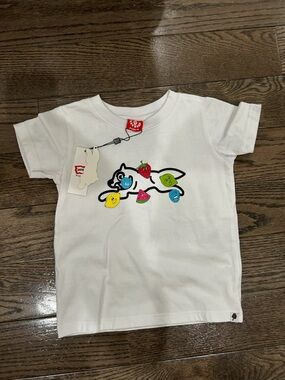 Kids White Graphic Tee with Playful Fruit & Cat Design